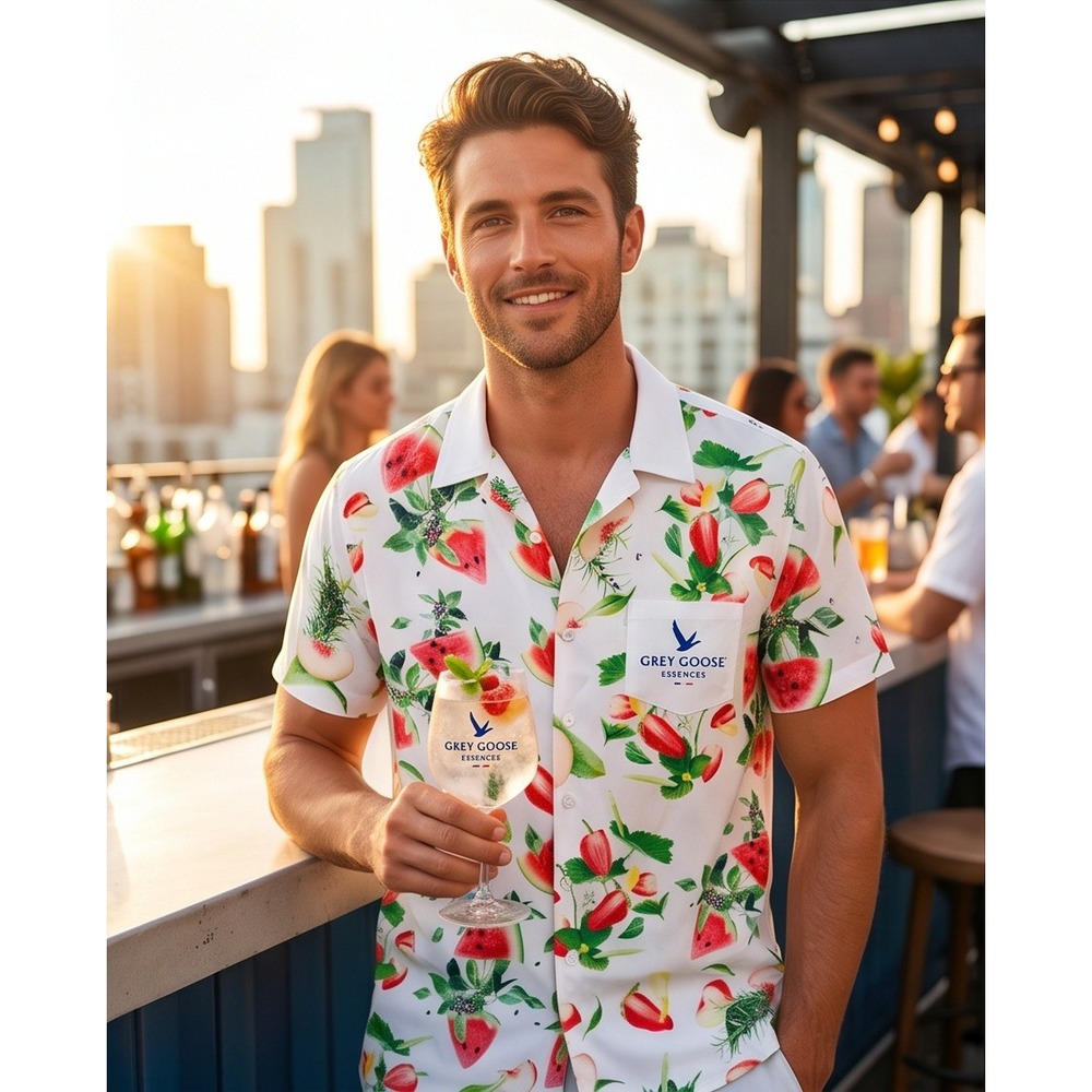 Grey Goose L‎ Essences Mens White Fruit Print Short Sleeve Promotional Shirt NEW